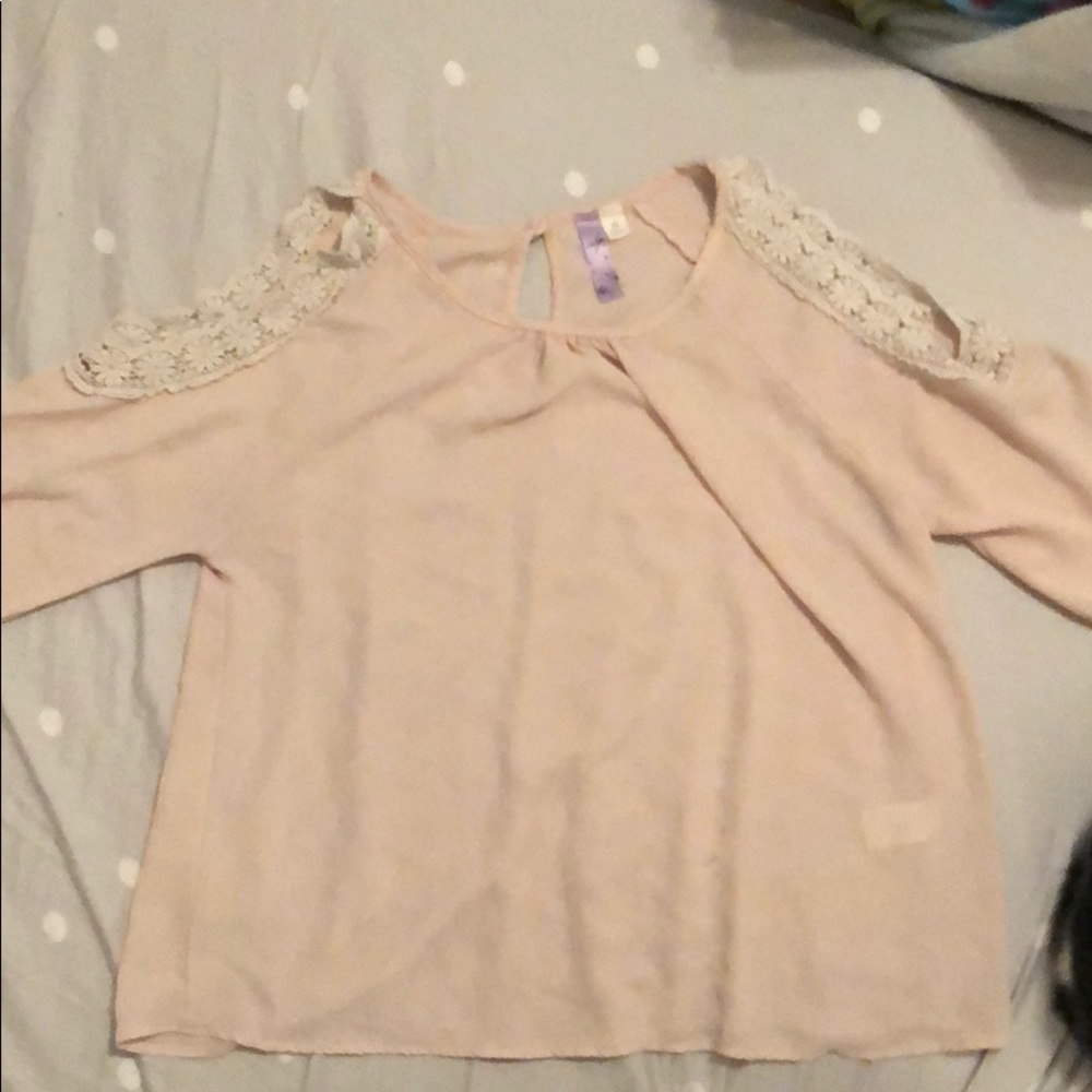 Light pink shirt with lace trim shoulder cutouts